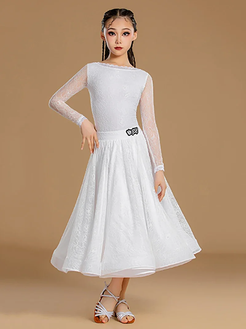 Niños Niñas vals Tango baile de salón vestidos profesionales encaje blanco princesa mono y falda grande traje de baile moderno