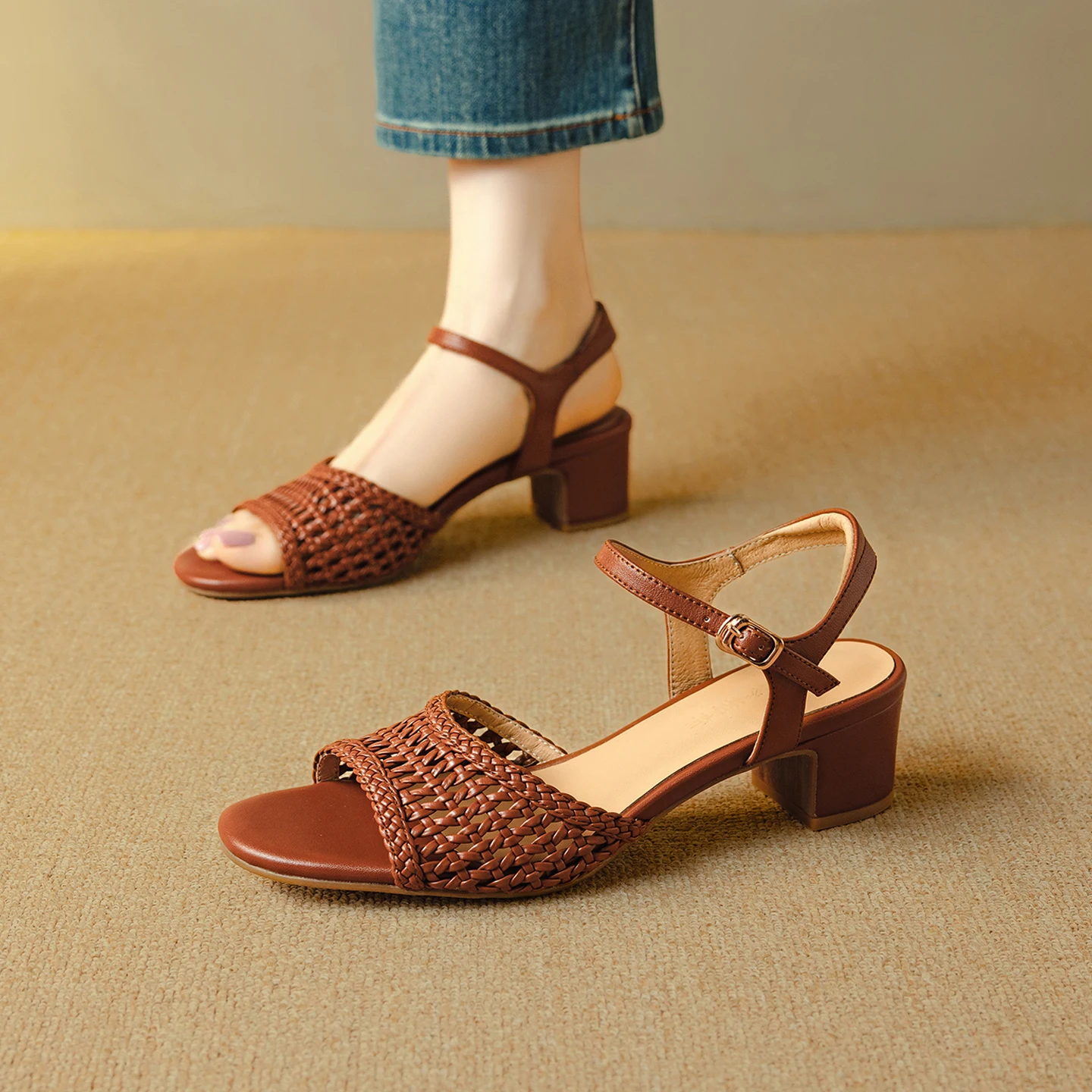2026 new summer women sandals natural leather 22-25cm cowhide+weave fabric+sheepskin+pigskin ankle buckle high heel women shoes