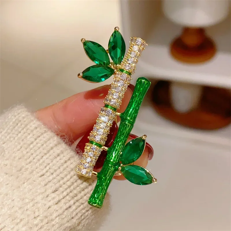 Broche de imitação de bambu para mulheres, planta verde, elegante, retro, colarinho de terno, acessórios de vestido