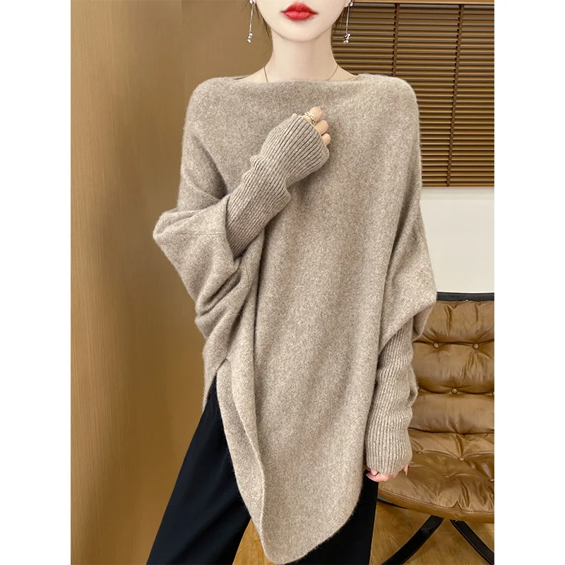 French Fashion Wool Sweater For Women Long Sleeved Solid Color Pullover One Neck Loose Knit Shawl