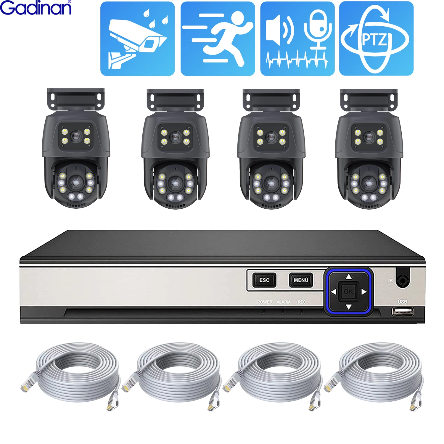 

Gadinan 6MP XMEYE POE Surveillance System Dual Lens PTZ Two Way Audio POE Security Camera Set 8CH 4CH NVR Video Surveillance Kit