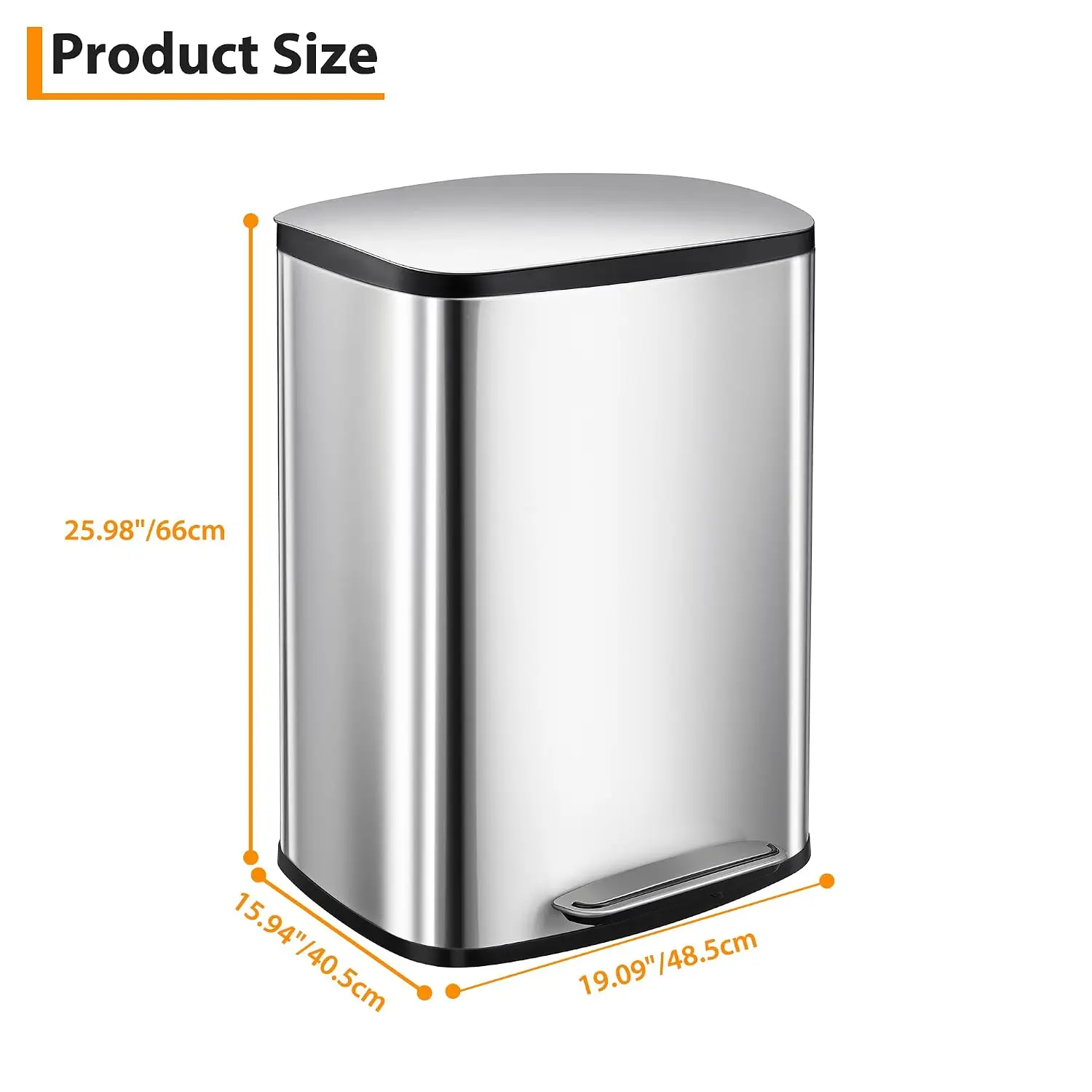 13.2 Gallon Stainless Steel Trash Can,50L Kitchen Garbage Can with Soft-Close Lid & Removable Inner Bucket,Hands-Free Rubbish Bins for Bathroom,Living Room,Office