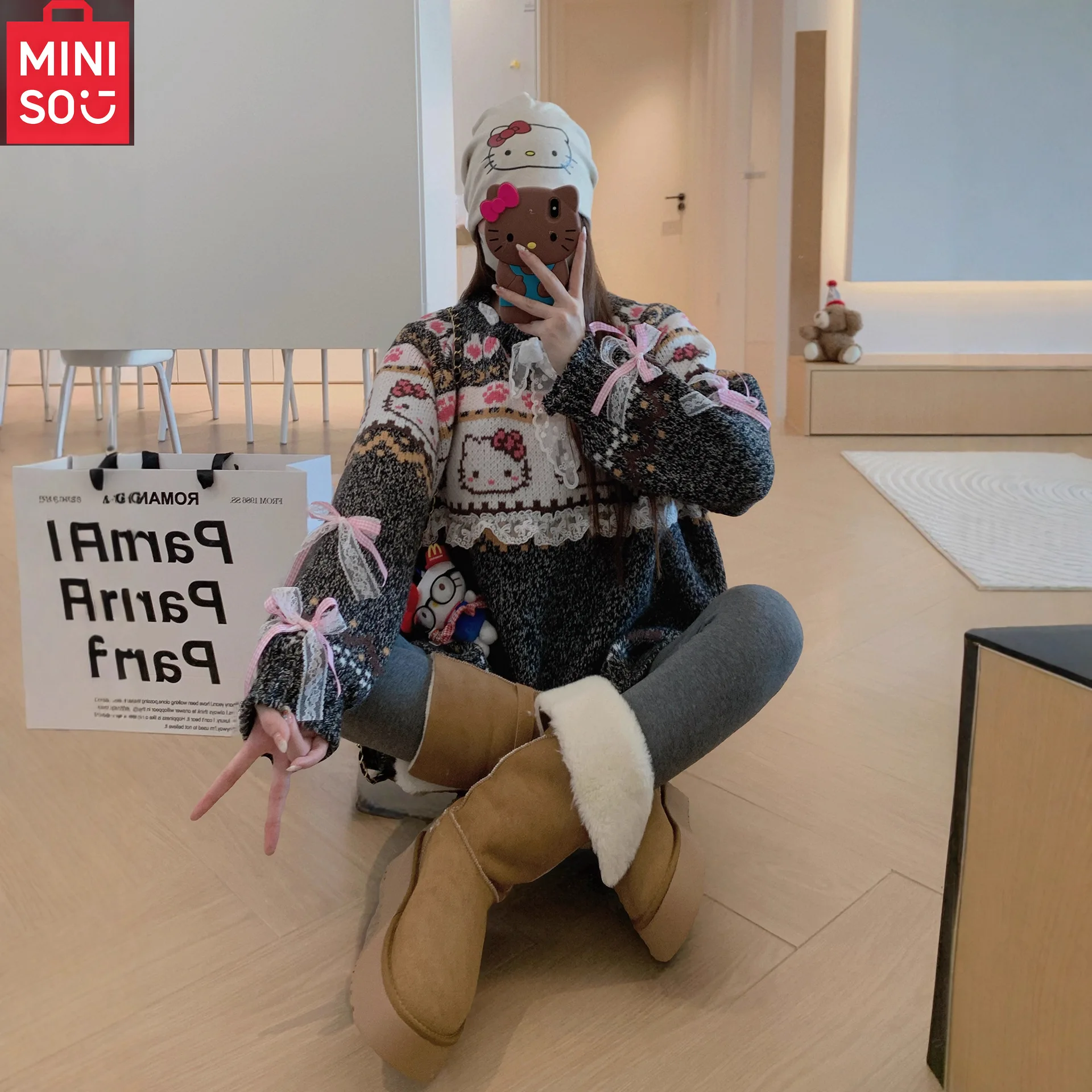 MINISO Hello Kitty pull à capuche brodé femmes nouvelle édition coréenne manteau tricoté en dentelle ample épais