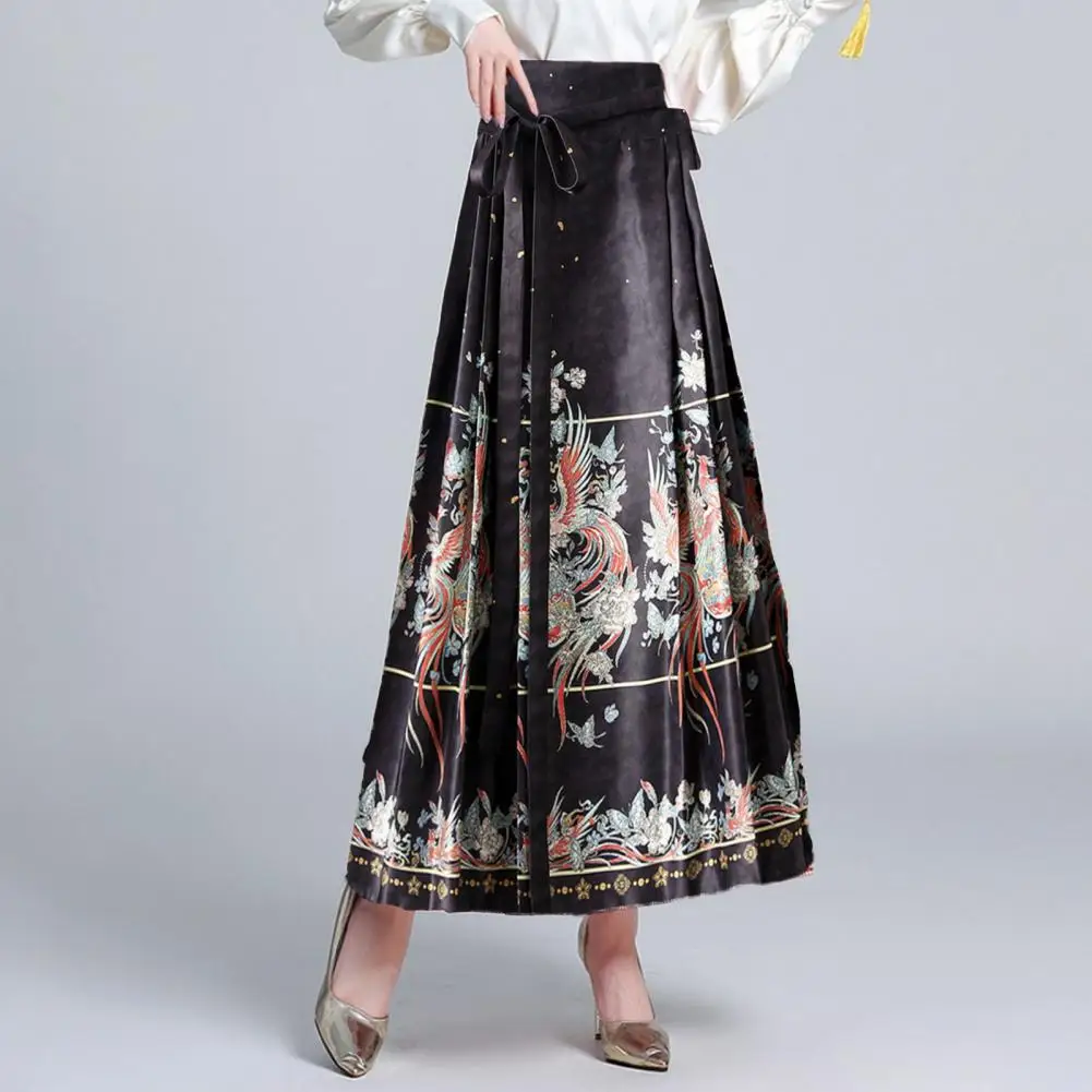 Saia maxi chinesa elegante para mulheres, cintura alta vintage, estampa Phoenix, saias hanfu plissadas com cordões, saia de rosto de cavalo, saias de casamento