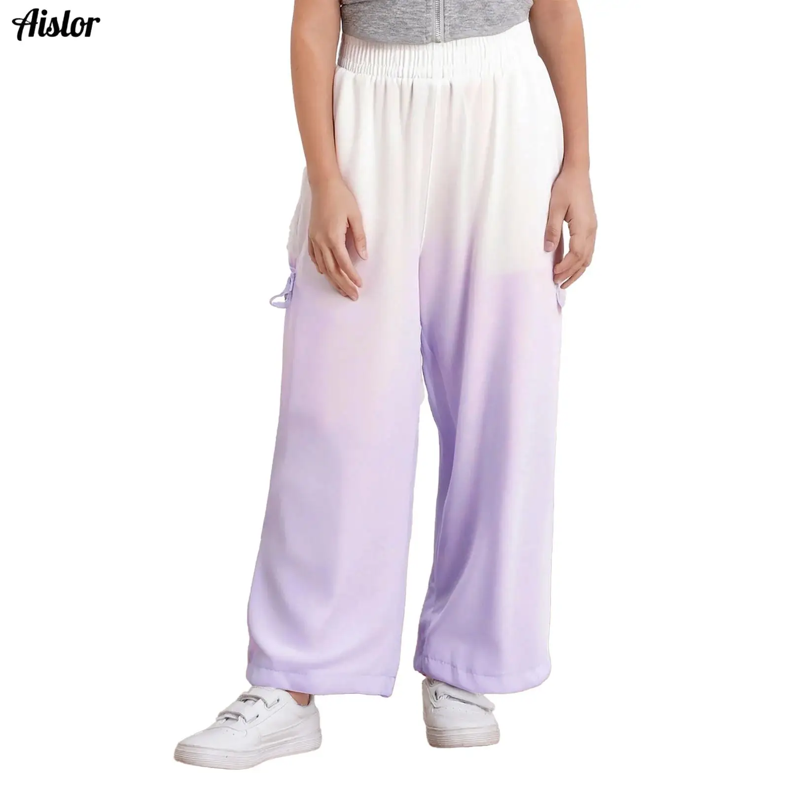 

Kids Girls Pants Gradient Chinese Style Decorative Knot Wide-Leg Pants Elastic Waistband Soft Quick-Drying Trousers with Pockets