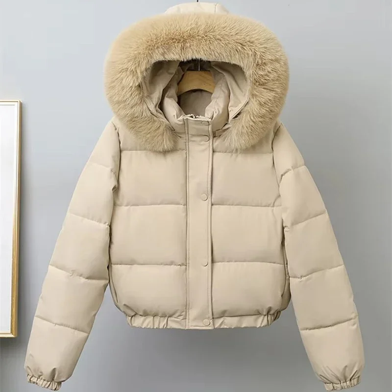 Streetwear Jackets Y2k Short Parkas Women's Cotton-padded Clothes Add Velvet Thicken Outerwear Fur Collar Removable Hooded Coats