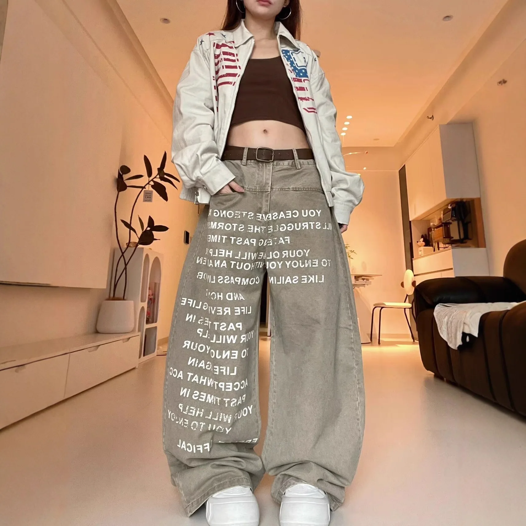 American Style Vintage High Street Women's Khaki Simple Basic Casual Daily Wide Leg Loose Straight Letter Printed Denim Trousers