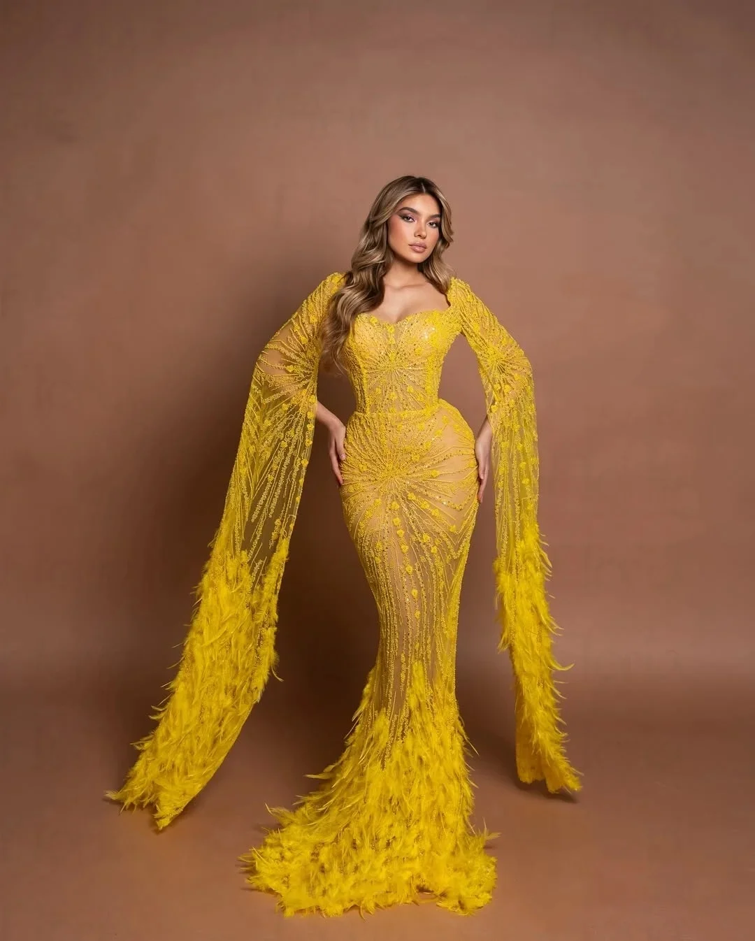 Stylish Feather Evening Dresses Sequins Beading Prom Dress Cape Sleeves See Through Customized Party Gowns Vestidos De Noche
