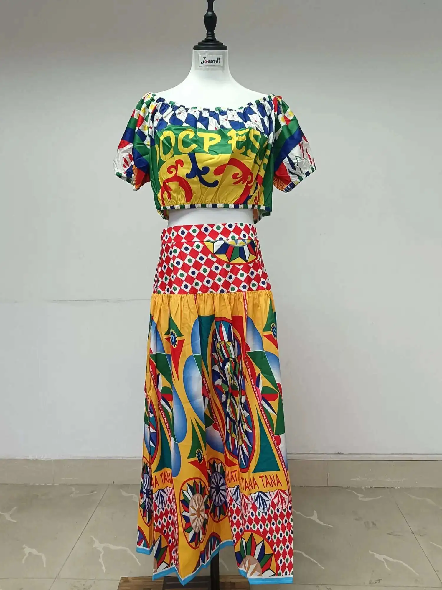 JAMERARY Runway Floral Two-piece Set For Women Summer Sexy Crop Tops Print A Line Maxi Long Skirts Suits Beach Outfits