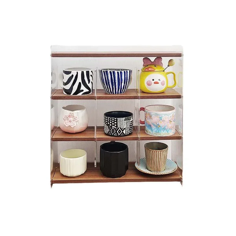 Nordic Acrylic Glass Storage Holder, Detachable Tea Set and Coffee Cup Organizer, Desktop Wooden Partition Rack