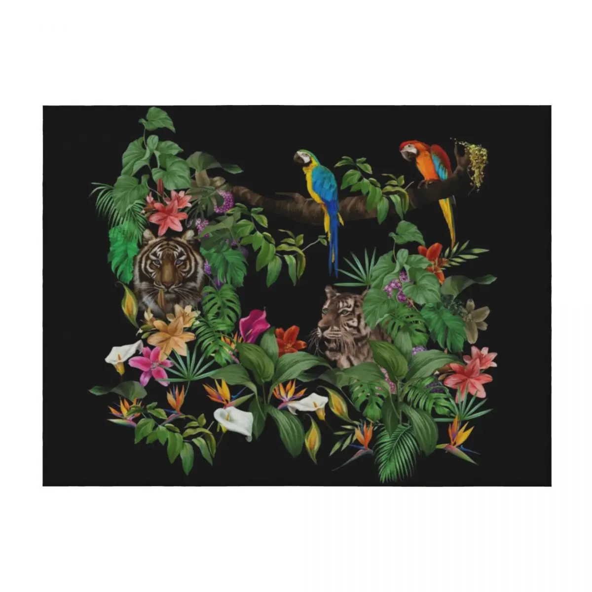 

Jungle pattern.Leopard and parrot ,tropical leaves and flowers.Dark exotic forest. Throw Blanket Beautifuls Blankets