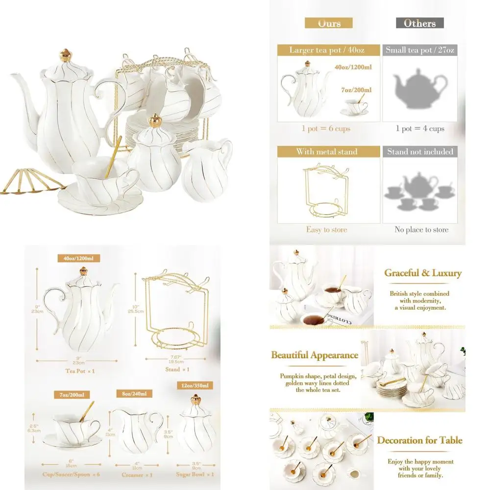 

Элегантный белый фарфоровый чайный сервиз из 6 предметов с золотой отделкой, роскошь в британском стиле для женщин, идеально подходит для чайных вечеринок и подарков.