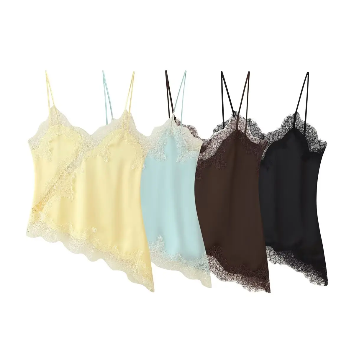 

MYST&ZA Women's Summer New Style Lace Bordered Elegant and Sexy Silk Satin Asymmetrical Bottom Strap Top