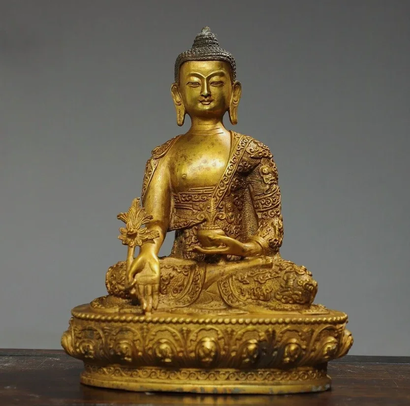 

8.7" Old Antique Tibetan Buddhism Temple Bronze 24k gilt Medicine Buddha statue