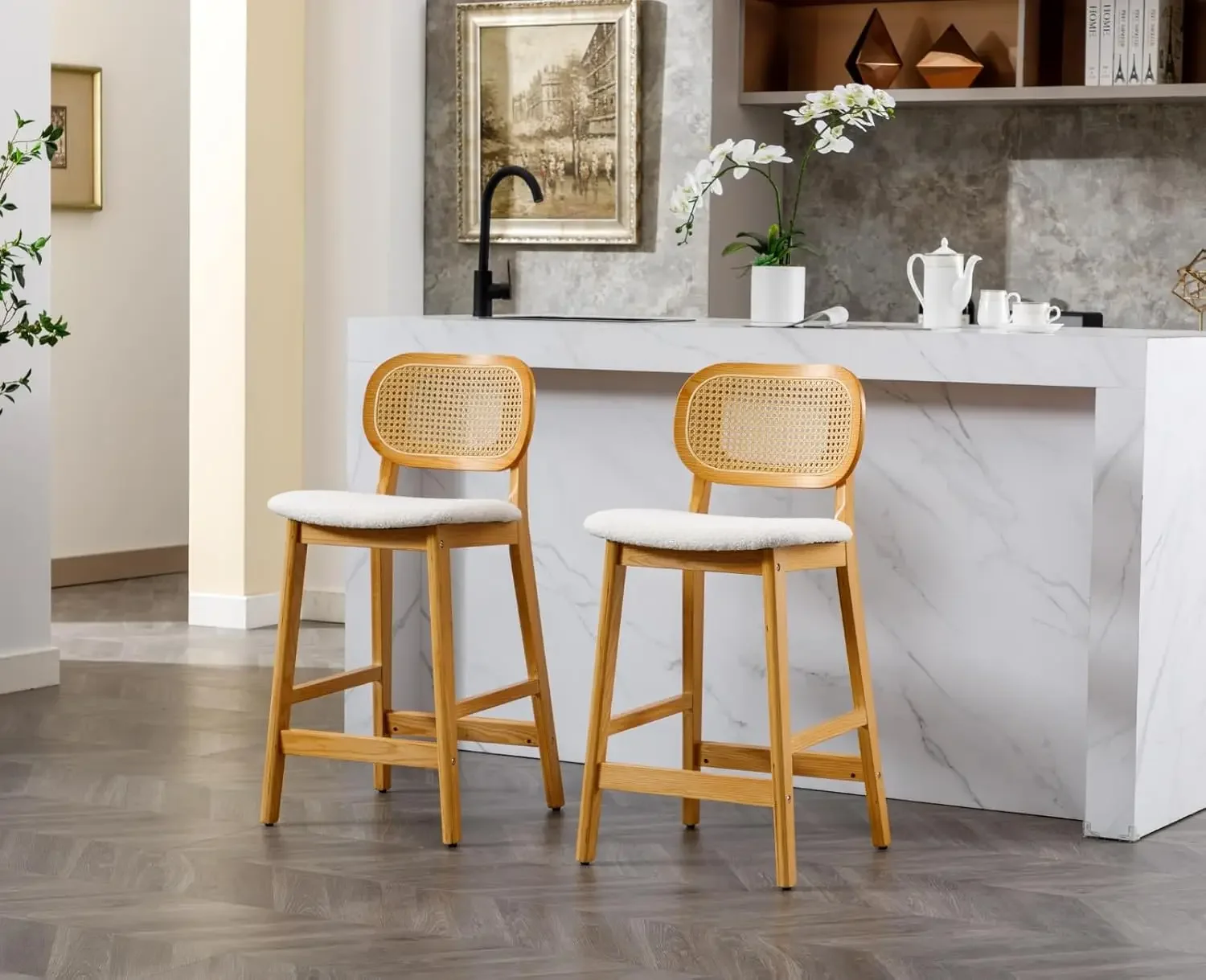 Rattan Counter Height Bar Stools Set of 4 Wood Farmhouse  Kitchen Island Chairs Upholstered Bar Chairs for Pub/Home Bar, Cream