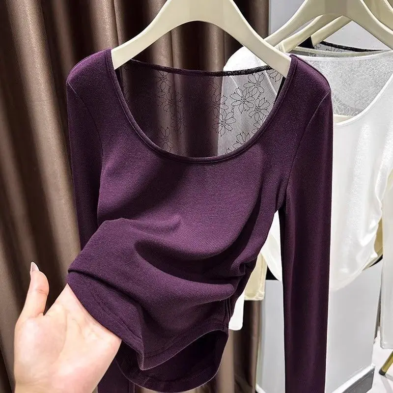 

Pure Desire Sexy Spliced lace Backless Long-sleeved T-shirt for Women 2025 Autumn Winter New Slim Short Inner Top