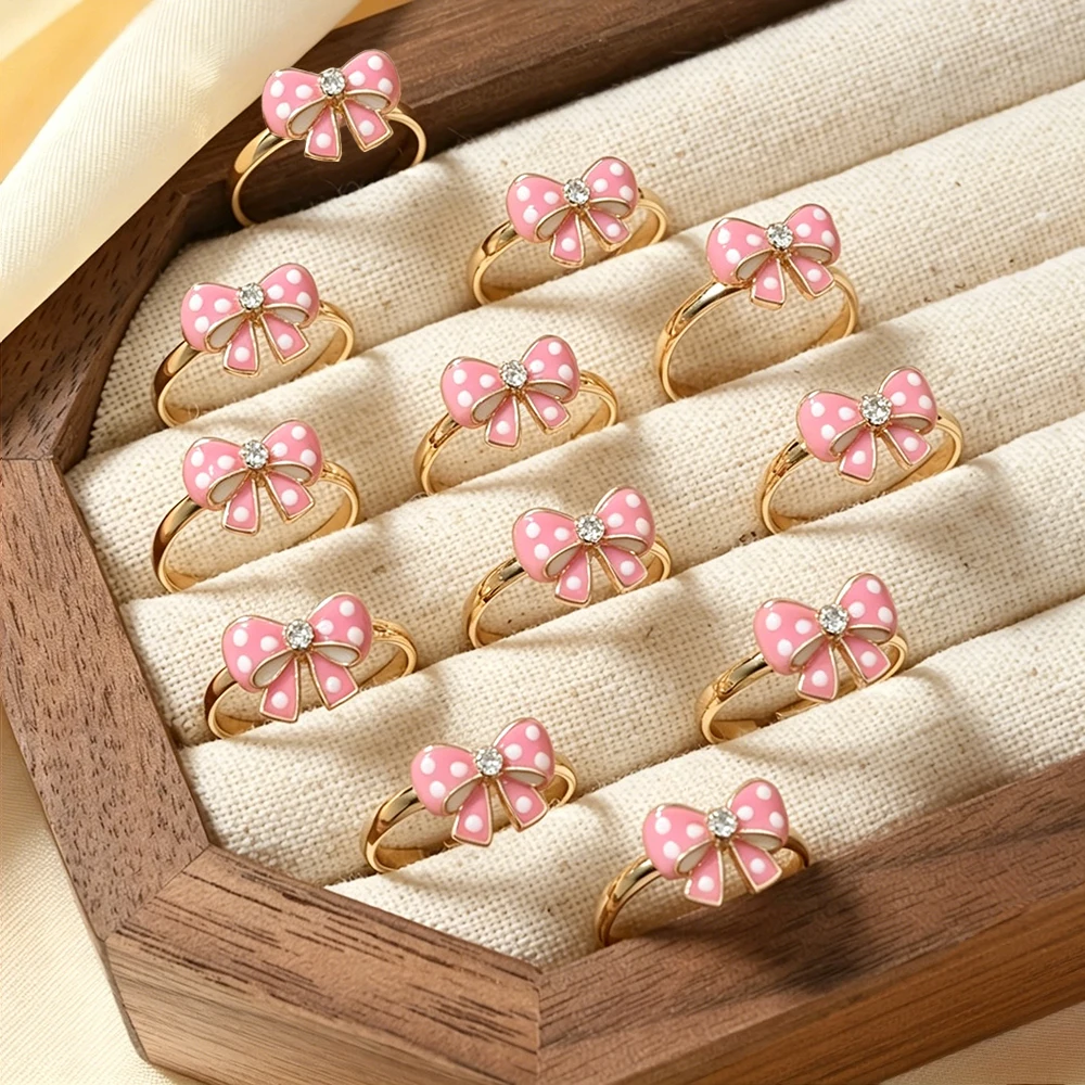 12Pcs Adjustable Open Rings, Pink and White Polka Dot Bow Enamel Rhinestone Inlaid Kc Gold-Plated Rings, Daily Decoration for Girls, Jewelry Gift Box Set