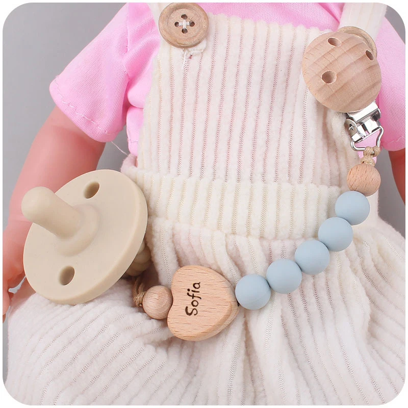 Nome personalizzato in legno personalizzato catena per ciuccio per bambini perline in Silicone supporto per capezzolo fittizio protezione ciondolo per massaggiagengive roba regalo per neonati