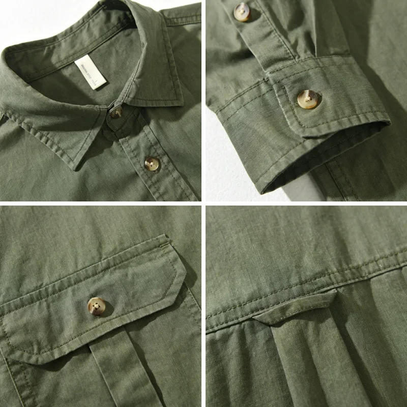 Japanese Vintage Long Sleeve Cargo Shirt Men Spring Fall New in Shirts Pure Cotton Casual Men Jacket Double Pocket Top Workwear