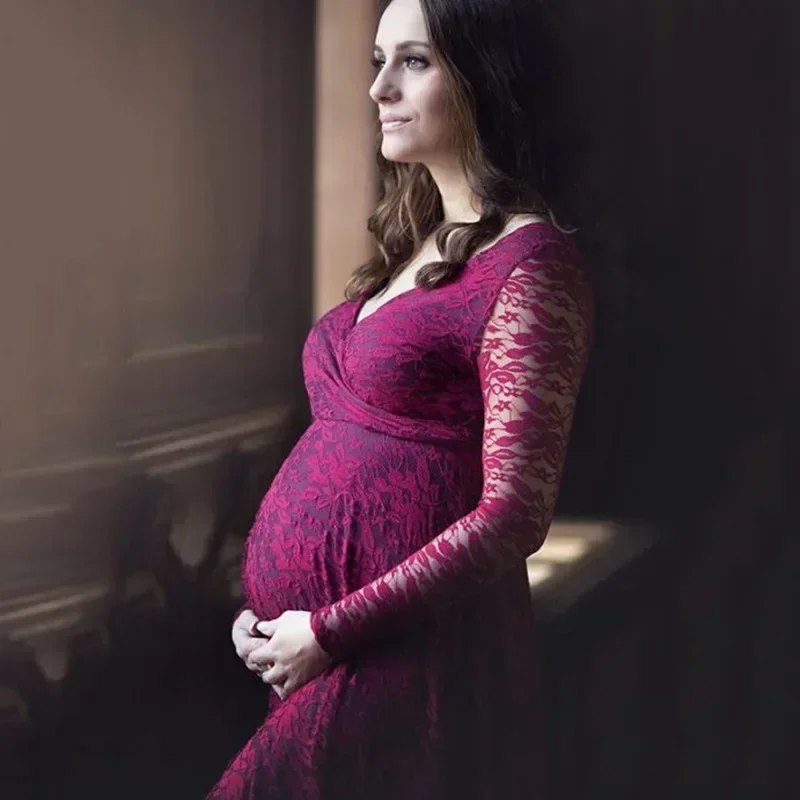 Maternity\'s Red Wine V-Neck Long Sleeve Photography Props Maxi Pregnancy Clothes Lace Dress Fancy Shooting Photo Pregnan