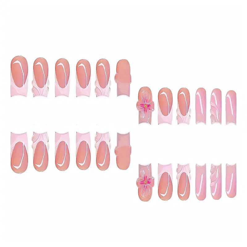 24 stks/set handgemaakte vierkante bloem nepnagels zoete schattige bloemen 3d rimpel ontwerp afneembare jelly sticker roze draagbare nageltip