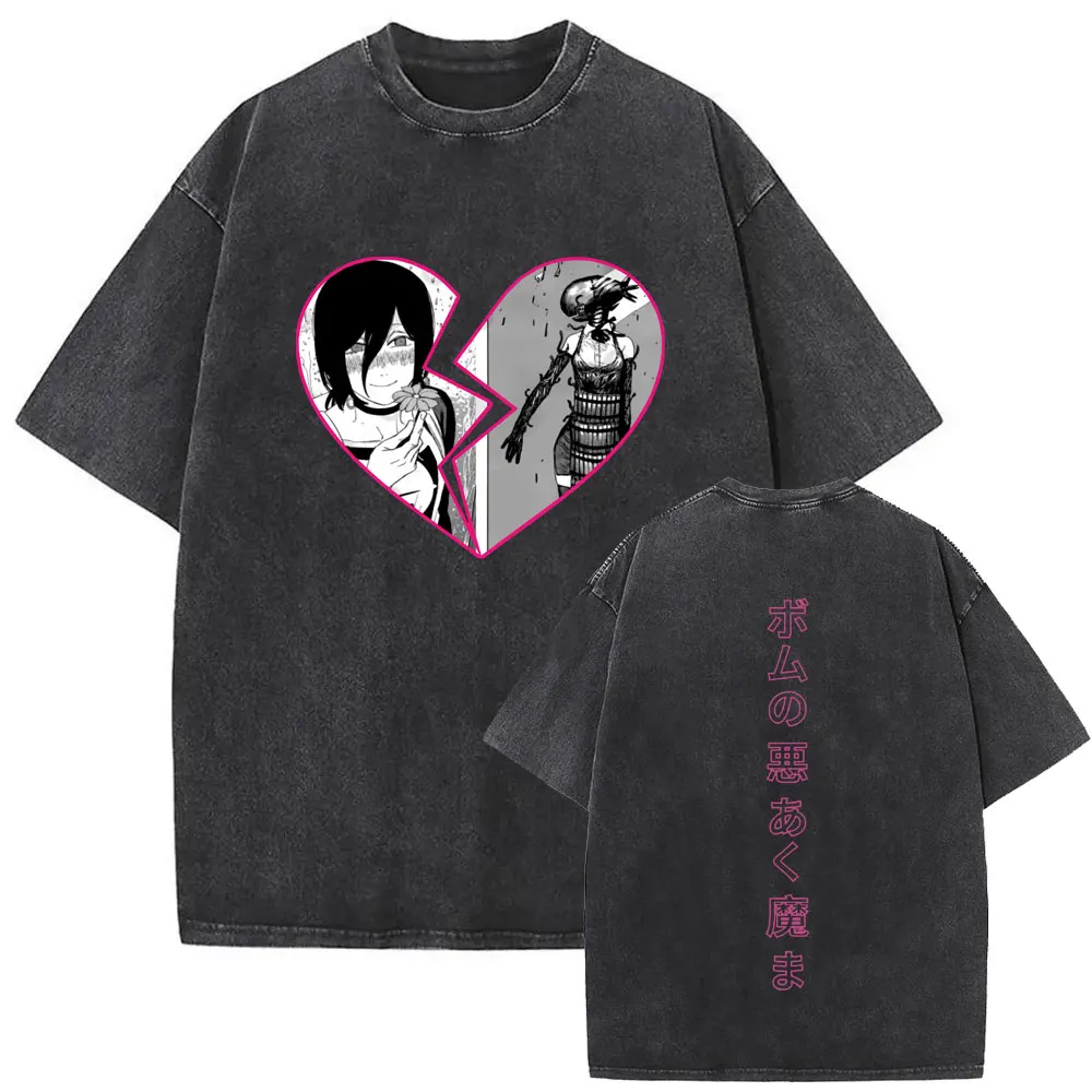 

Washed Vintage Anime Chainsaw Man T-shirts I Love Reze Graphic T-shirt Men Women Manga Fashion Oversized T Shirt 90s Streetwear