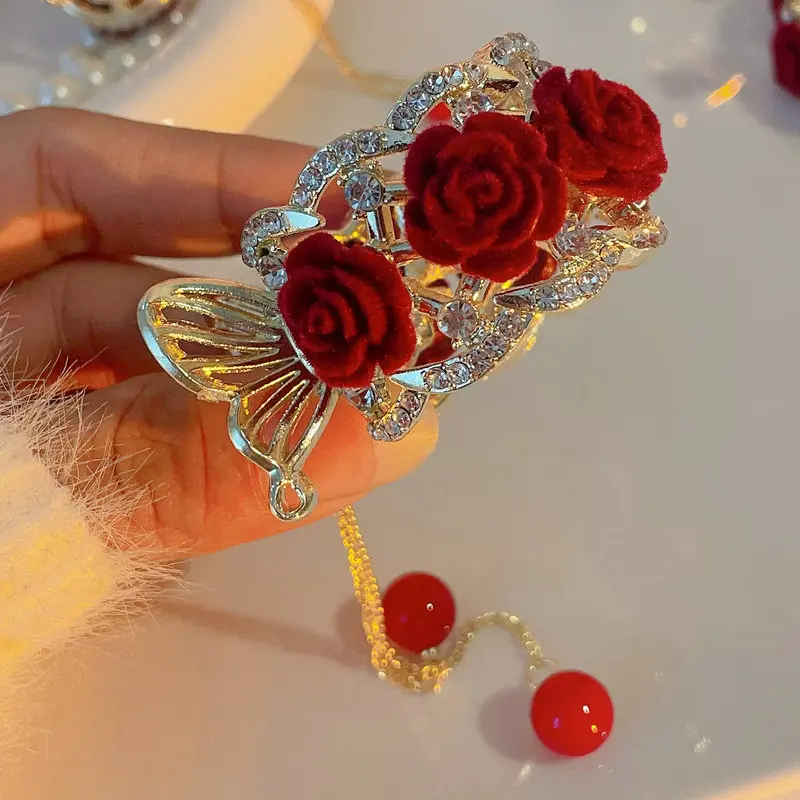 Shine Flocking Rose Rhinestone Hairpins for Women High Horsetail Long Tassel Crystal Hair Accessories Wedding Banquet Jewelry