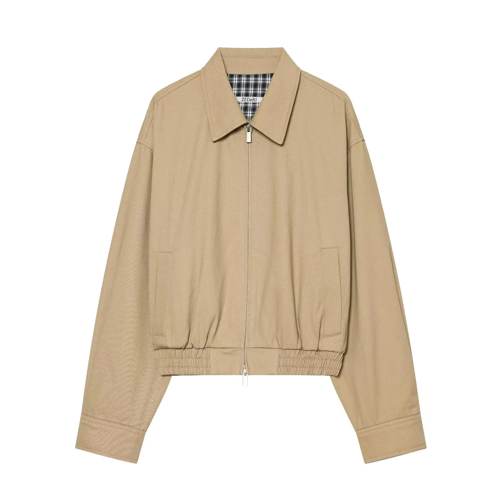 Women's Khaki Short Jackets Spring Autumn Female Lapel Double Zipper Pleated Hem Coats Lady Simple Casual Streetwear Jackets Top