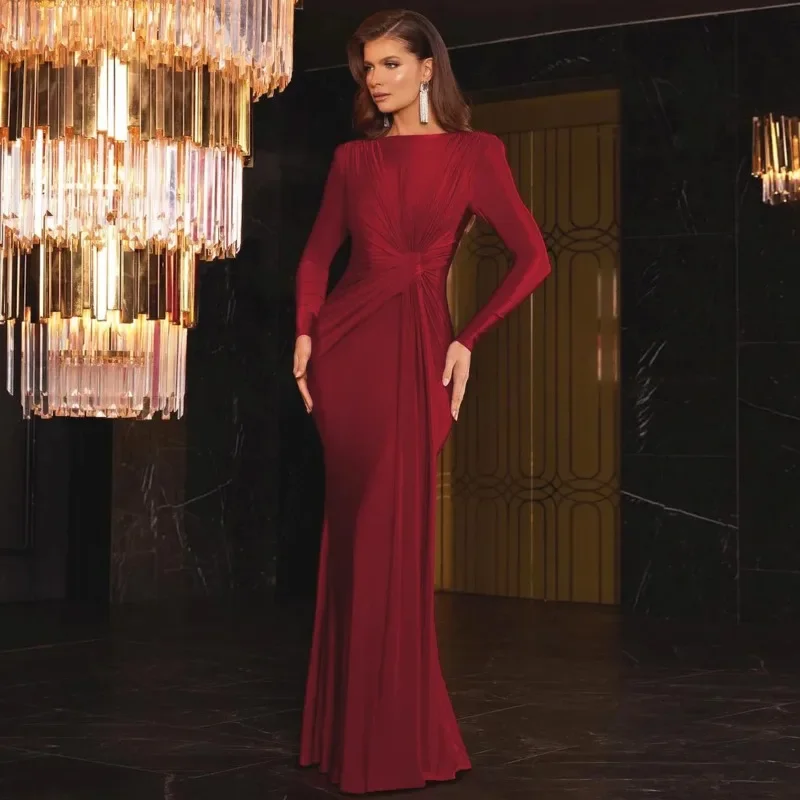 Robe de soirée taille haute à col rond pour femmes, manches longues, plis, tambour, robes de soirée grises, élégante, occasion formelle, luxe