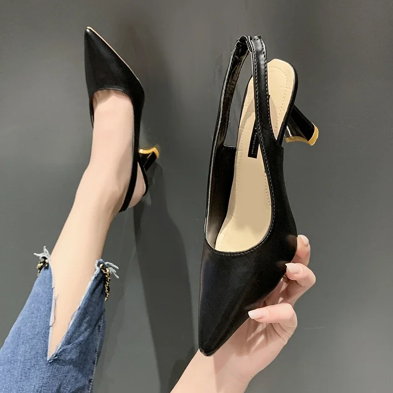 Summer Fashion New Pointed Toe Stiletto Heel Shallow Mouth Breathable PU Comfortable and Elegant Women\'s Shoes Sexy Sandals