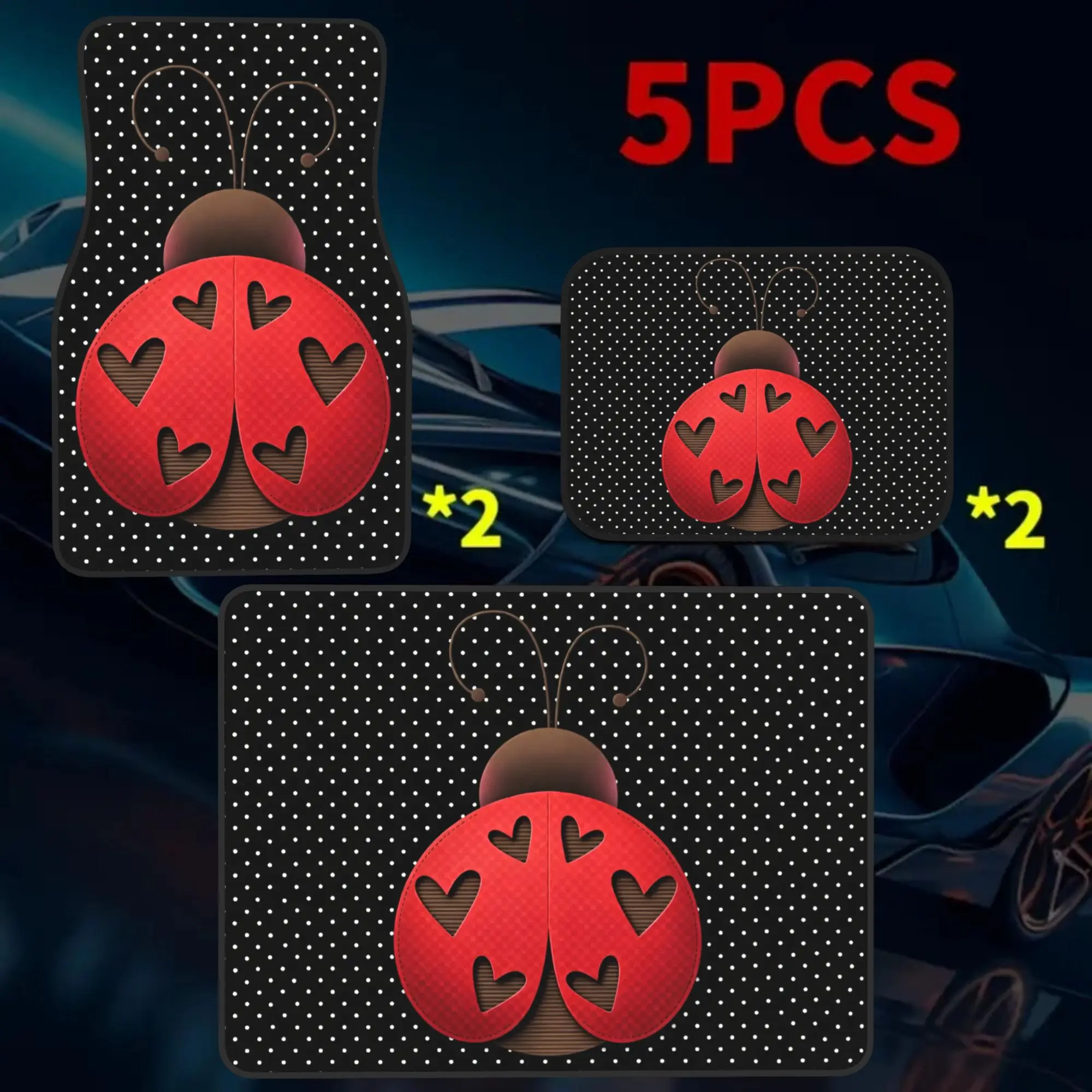2D Flat 5pcs Heart Ladybug 4 Car Floor Mats And 1 Car Trunk Mat Set, Stylish Vehicle Additions, Perfect Gift For Halloween Thank