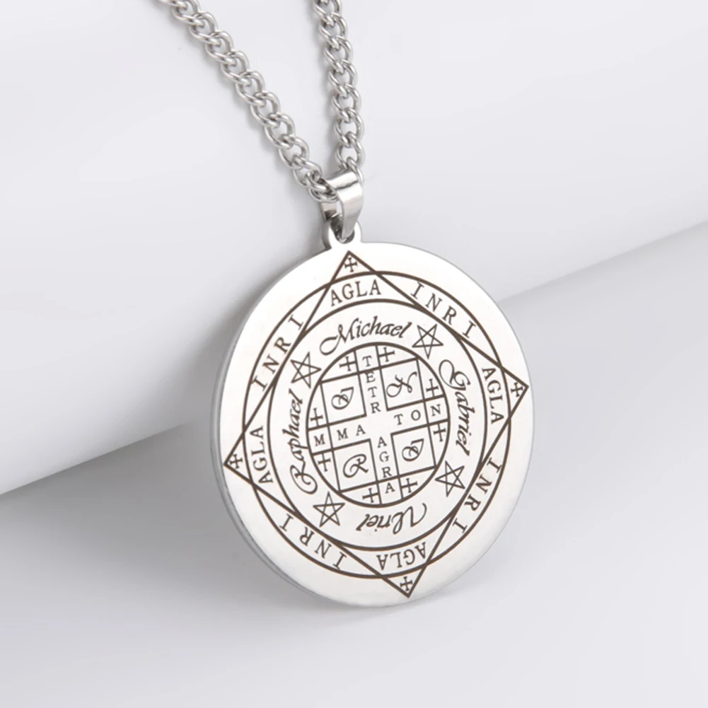 Dawapara Fortune Wheel AGLA INRI Stainless Steel Men Necklace Solomon Wealth Amulet Michael Uriel Raphael Gabriel Archangel Seal