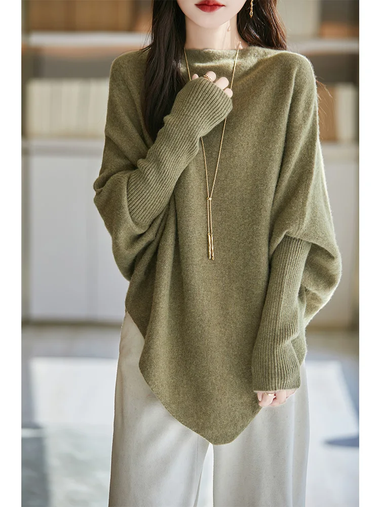 Women's 100% Merino Wool Sweater Triangle Shawl Boat Neck Wool Pullover Autumn Winter Knitwear Warm Cashmere Soft Simple Cloak
