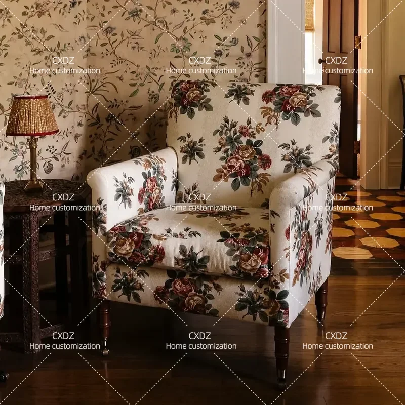 Solid Wood Sofa Chair Retro Style Single Seat for Villa Living Room Balcony Study English Pastoral Atmosphere Accent
