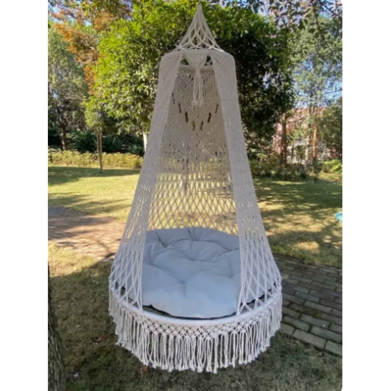 Macrame Hanging Swing Chair, Hand Woven Tassel Hammock Seat for Indoor Balcony Patio