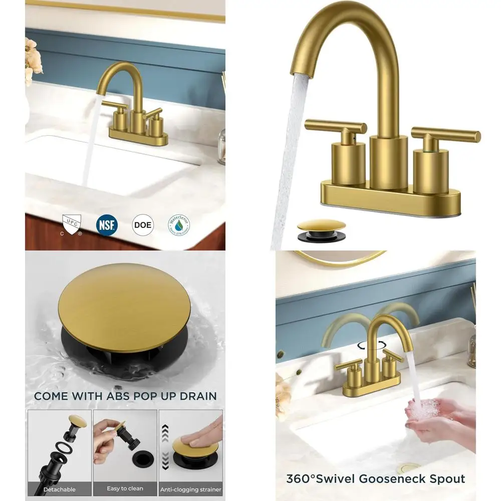 

4 Centerset Faucet in Brushed Gold with Dual Handles, Metal Drain Assembly, CUPC Certified, High Arc Swivel Spout