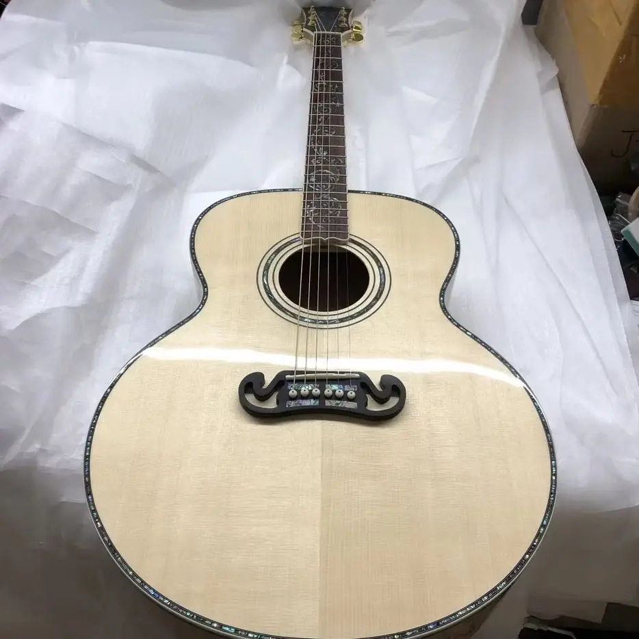 All Solid Wood 43 Inches Spruce Top Flame Maple Side/Back Jumbo Body Acoustic Guitar Abalone In Natural