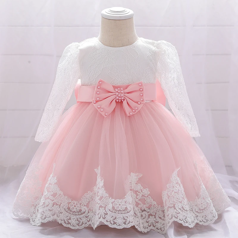 Robe de baptême à manches longues pour bébés filles, vêtements de photographie pour nouveau-nés, robe de Rhd'anniversaire pour tout-petits, robe de baptême pour enfants, nœud en dentelle, été