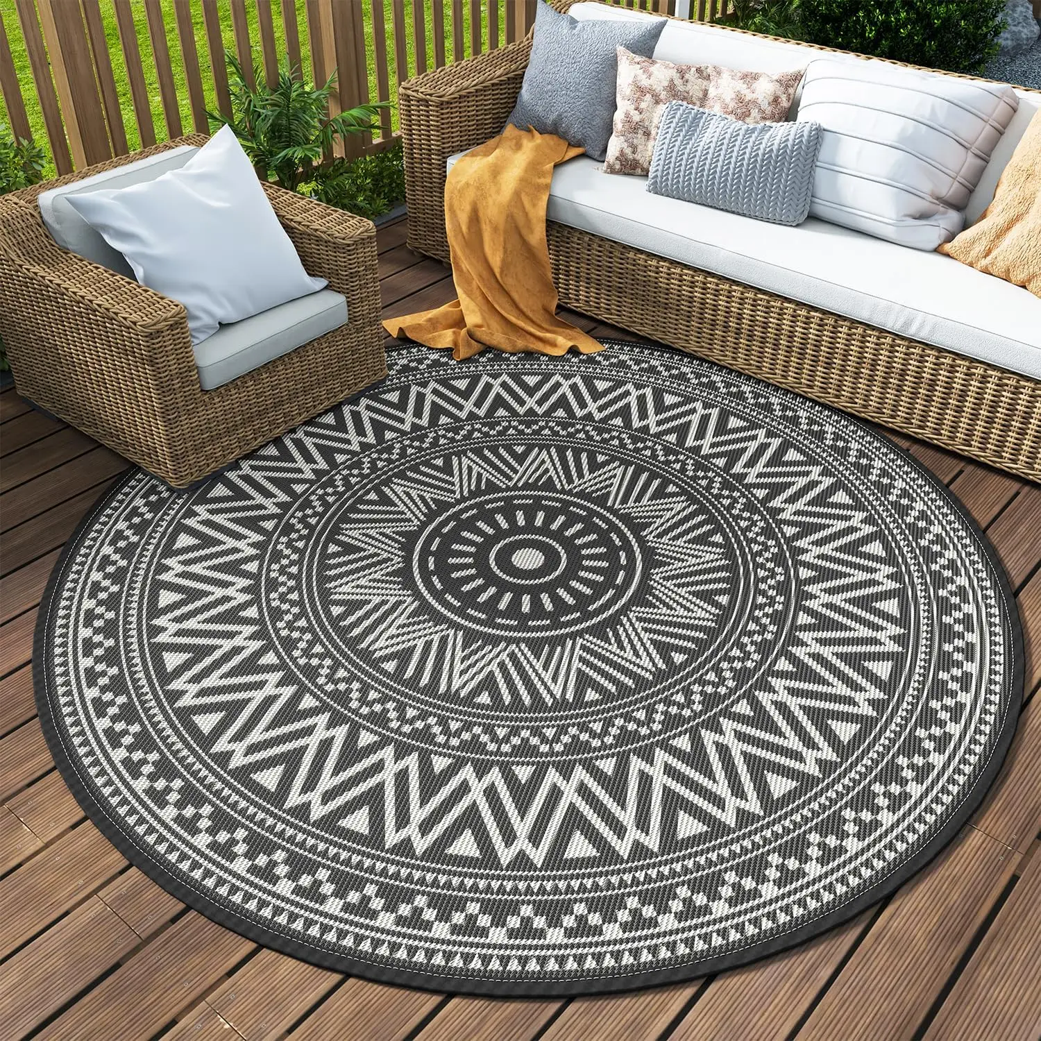 

Outdoor Rug Carpet Waterproof 6x6 ft Round Reversible Patio Rug RV Camping Rug-Plastic Straw Rug Decor Boho Grey