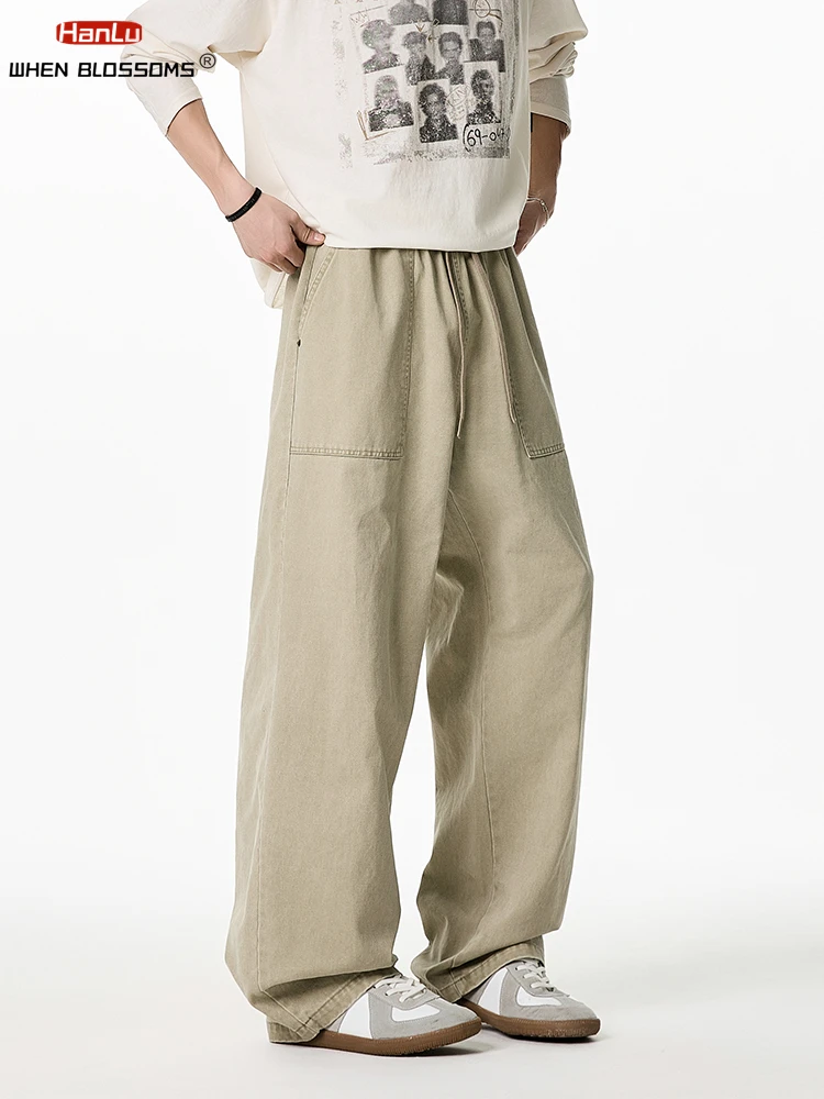 

HANLU Spring Trend Cargo Pants fo Man Baggy Vintage High Quality Pure Cotton loose Casual Trousers Men's Wide leg Pants