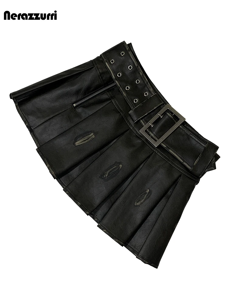 Nerazzurri Autumn Distressed Brown Faux Leather Mini Pleated Skirt Women with Belt High Waist Short Luxury Designer Clothes 2025