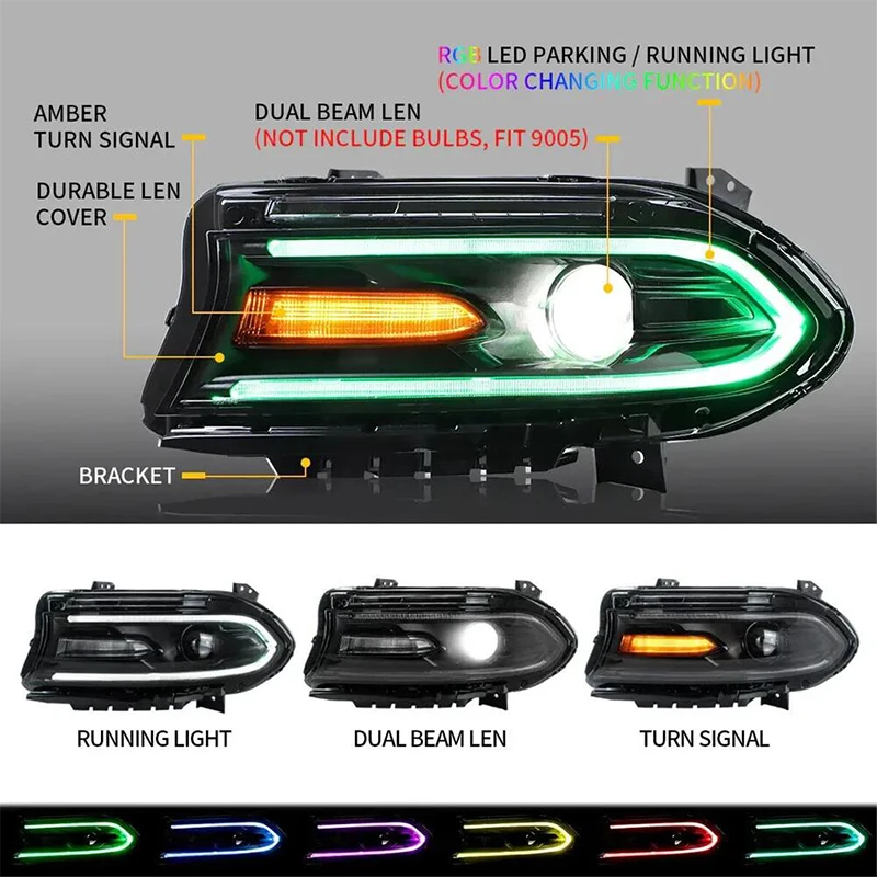 Car Front Lights For 2015-2020 Dodge Charger SRT GT Led Headlights Assembly Modified Bluetooth App Control RGB Led Headlamp