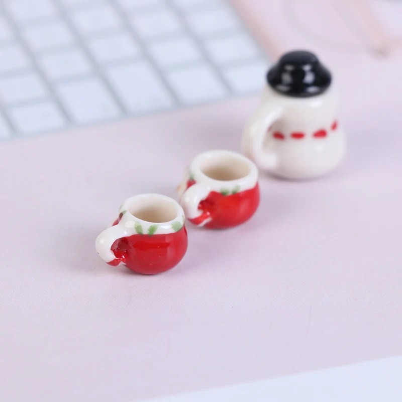 1:12 Dollhouse Miniature Christmas White Ceramics Cups & Pot Set Doll Coffee Tea Cup For Doll House Decor Kids Pretend Play Toys