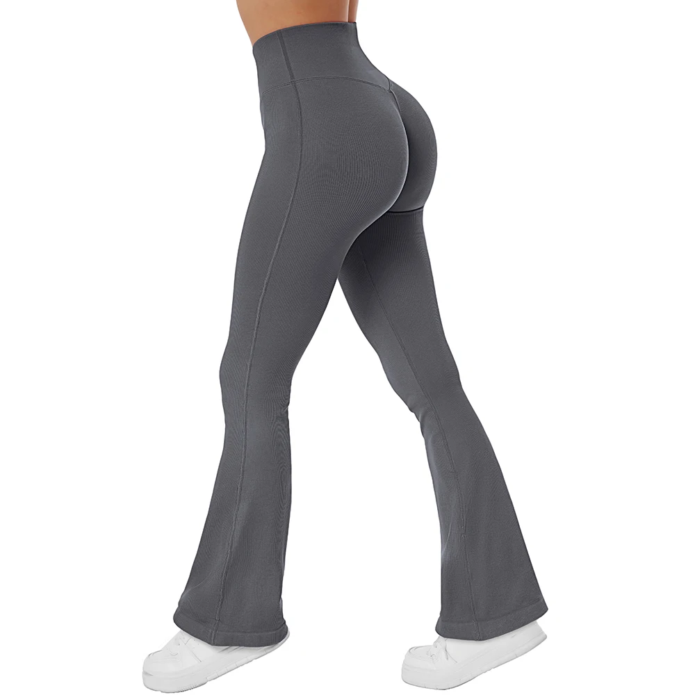 Leggings svasati senza cuciture a costine da donna Sport Corsa Allenamento Pantaloni fitness Bootcut Pantaloni da yoga svasati push up a vita alta da donna