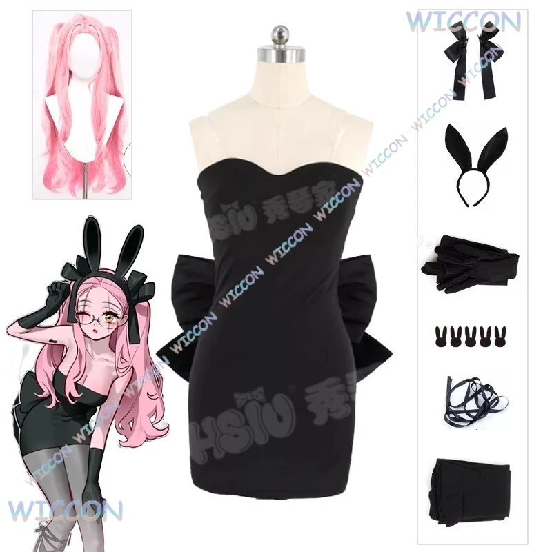 

3th Anniversary Mizi Cosplay Black Evening Dress Anime Alien Stage Cosplay Pink Wig Mizi Rabbit Coffee Women Hallowen Roleplay