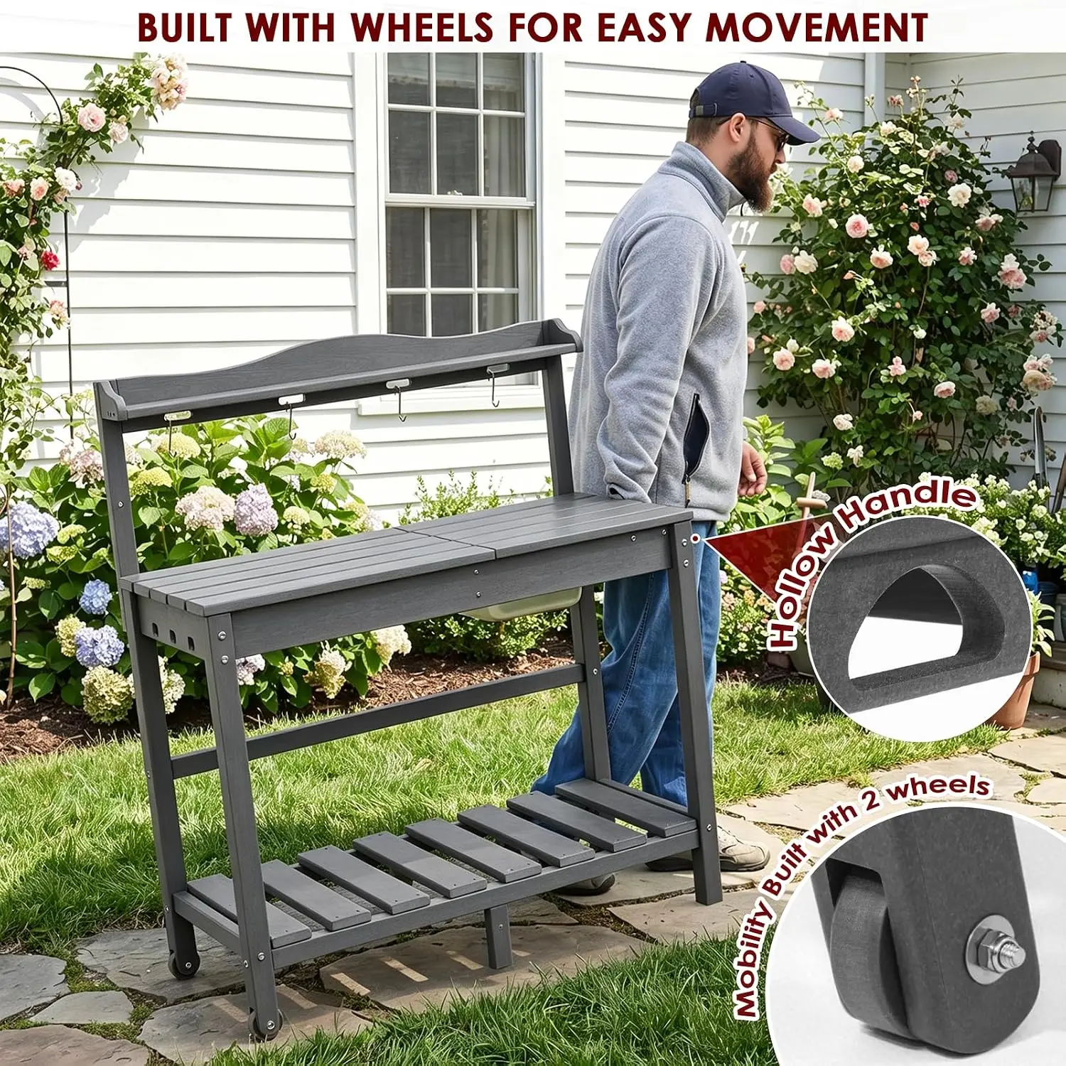 HDPE Outdoor Potting Bench with Sliding Tabletop & Removable Sink