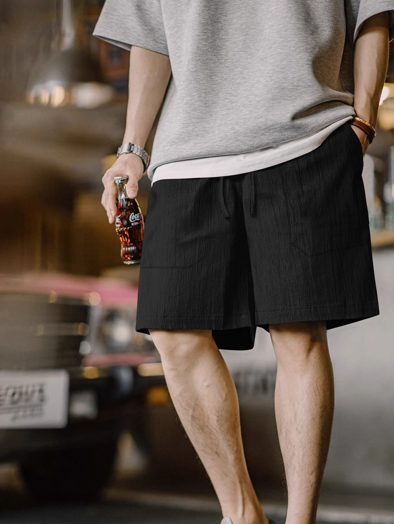 Summer New Versatile Beach Pants Fashion Casual Solid Color Texture Large Pocket Men's Drawstring Shorts