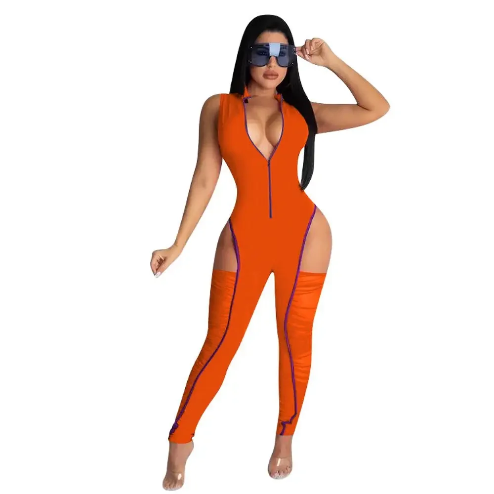 Custom LOGO women\'s new jumpsuit hip-exposed slim-fit jumpsuit sports fashion pleated jumpsuit