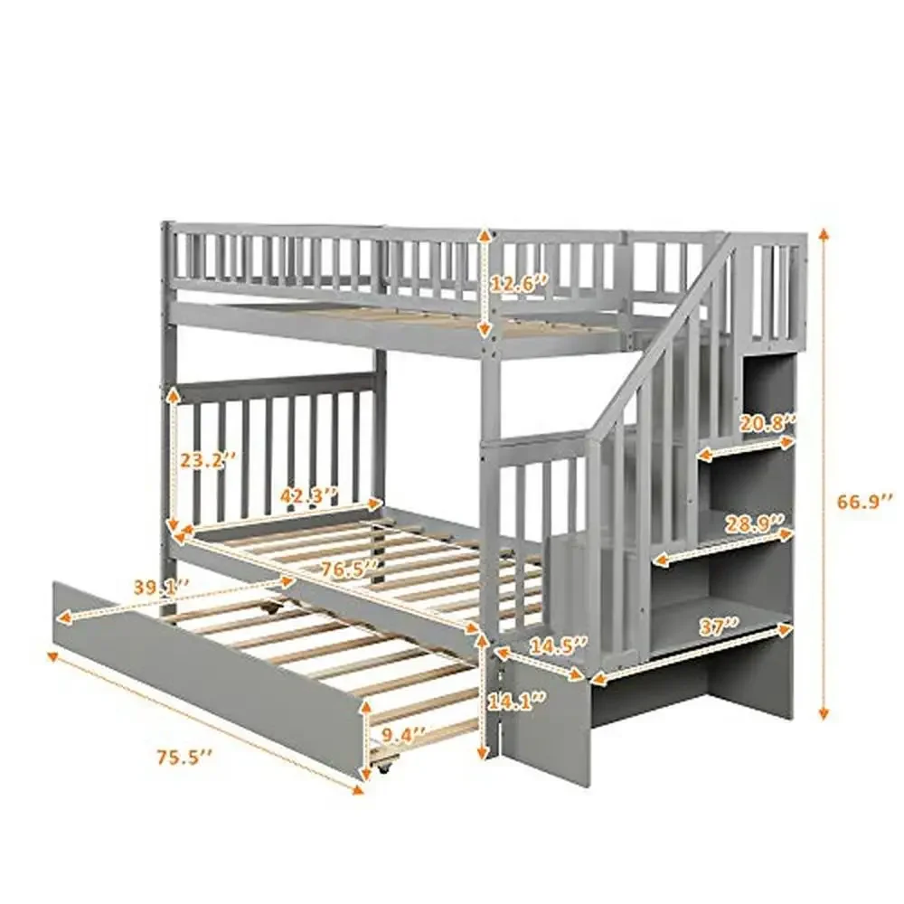 Modern Twin Bunk Bed with Trundle Storage Staircase & Guardrail Grey Solid Wood Design Functional Storage Easy Assembly Sturdy