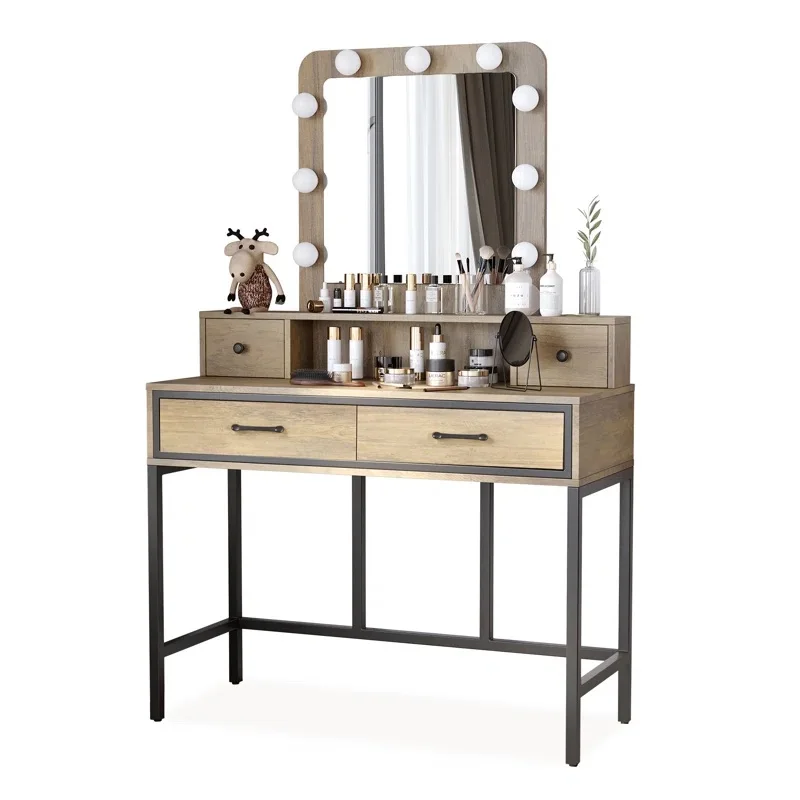 Bulbs Mirrors Brown Women Cabinet Vanity Makeup Vanities Desk Dressing Table Drawers Storage Shelf Metal Frame